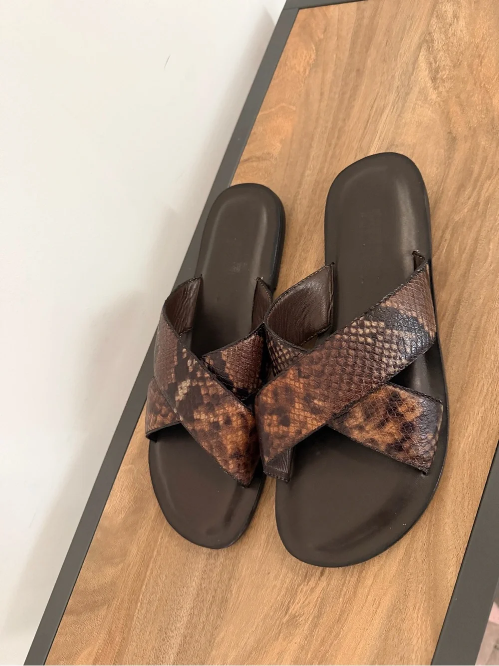 Brown Snake-Print Crisscross Slide Sandals